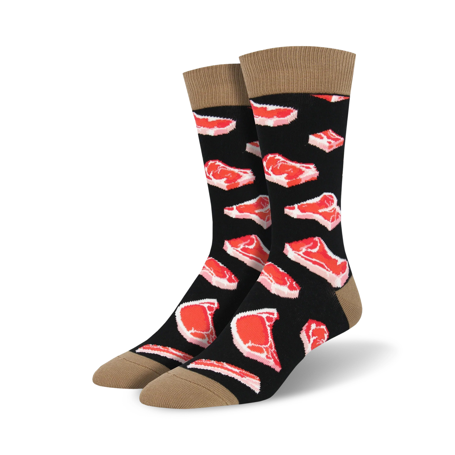Pair of black crew socks with a repeating pattern of red steak images. Tan cuff detail.
