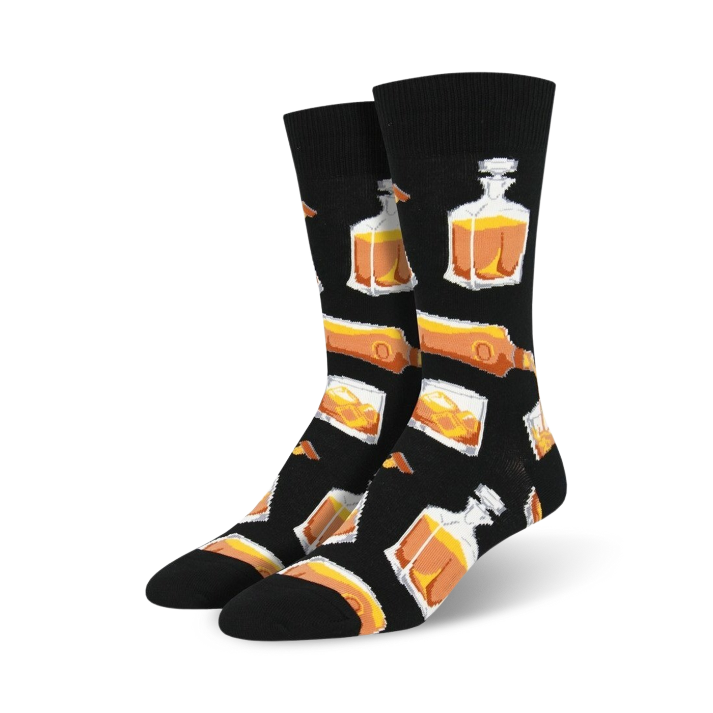 Pair of black crew socks with a repeating pattern of amber whiskey glasses and decanters. 