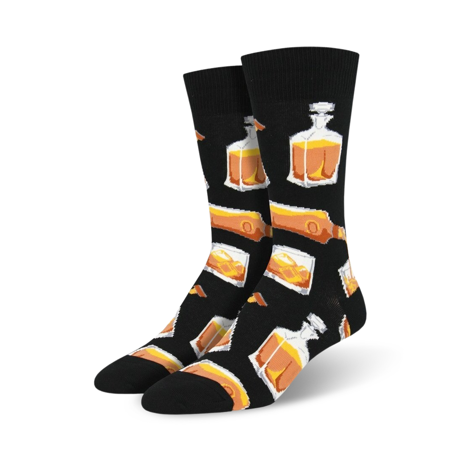 Pair of black crew socks with a repeating pattern of amber whiskey glasses and decanters. 