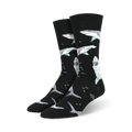 Pair of crew socks; black and teal sharks swimming on black or royal blue background. Fun and playful design.