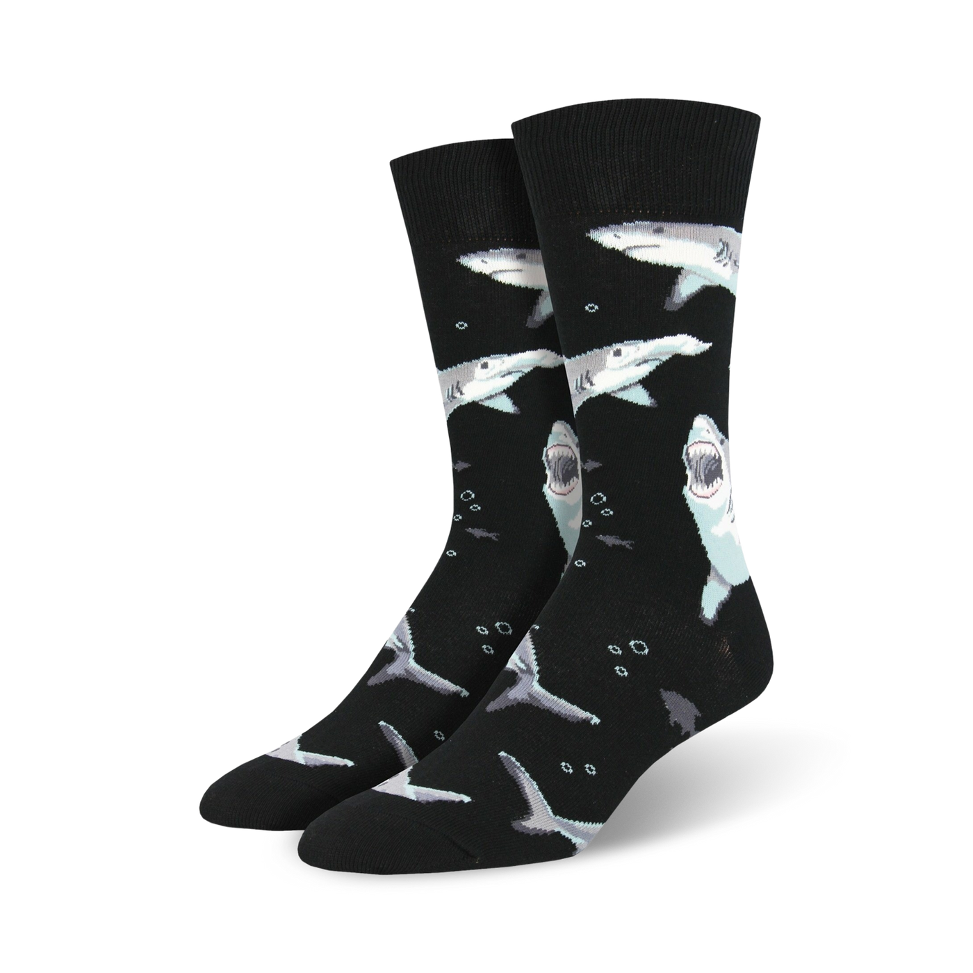 Pair of crew socks; black and teal sharks swimming on black or royal blue background. Fun and playful design.