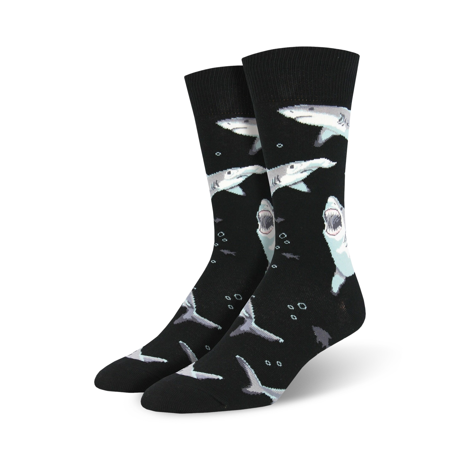 Pair of crew socks; black and teal sharks swimming on black or royal blue background. Fun and playful design.