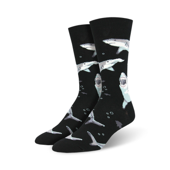 crew length black socks with a grey and white cartoon shark swimming upwards pattern. mens.  