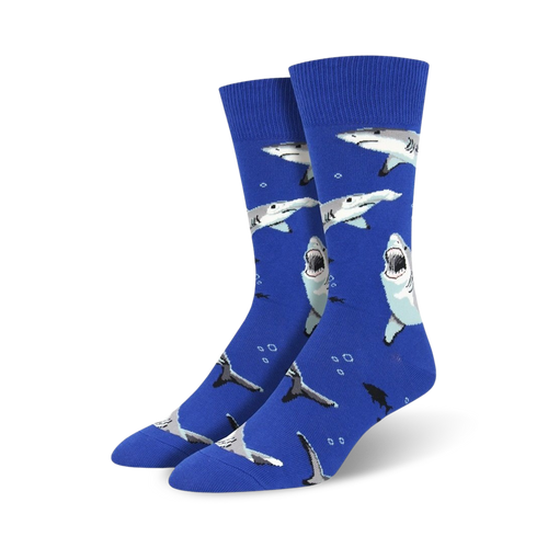 Lifestyle photo showing Shark Chum socks on a person's feet, cuffed at the ankles. Black socks against a colorful background.