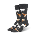 Pair of crew socks; dark gray background with repeating pattern of brown, white goats. 
