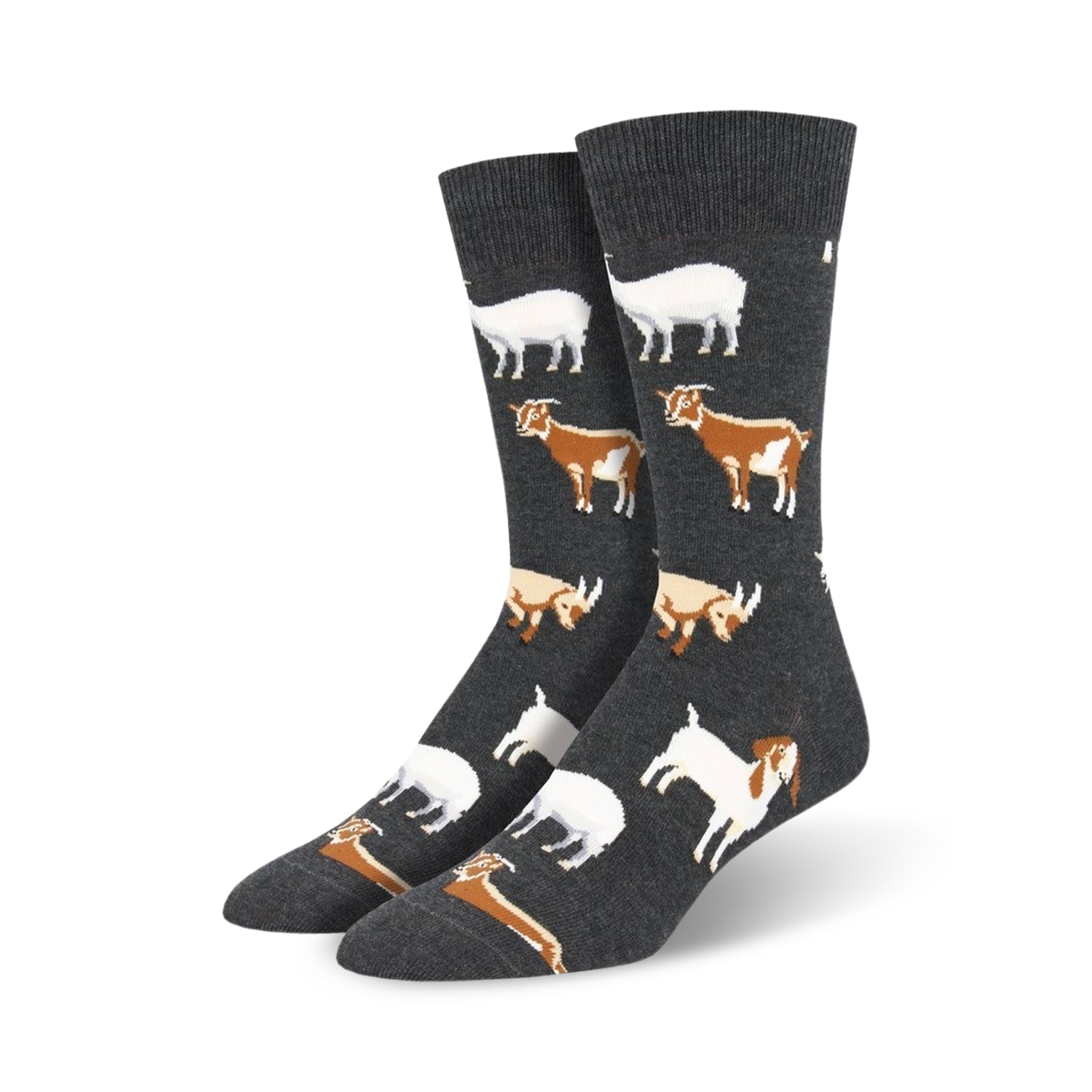 Pair of crew socks; dark gray background with repeating pattern of brown, white goats. 
