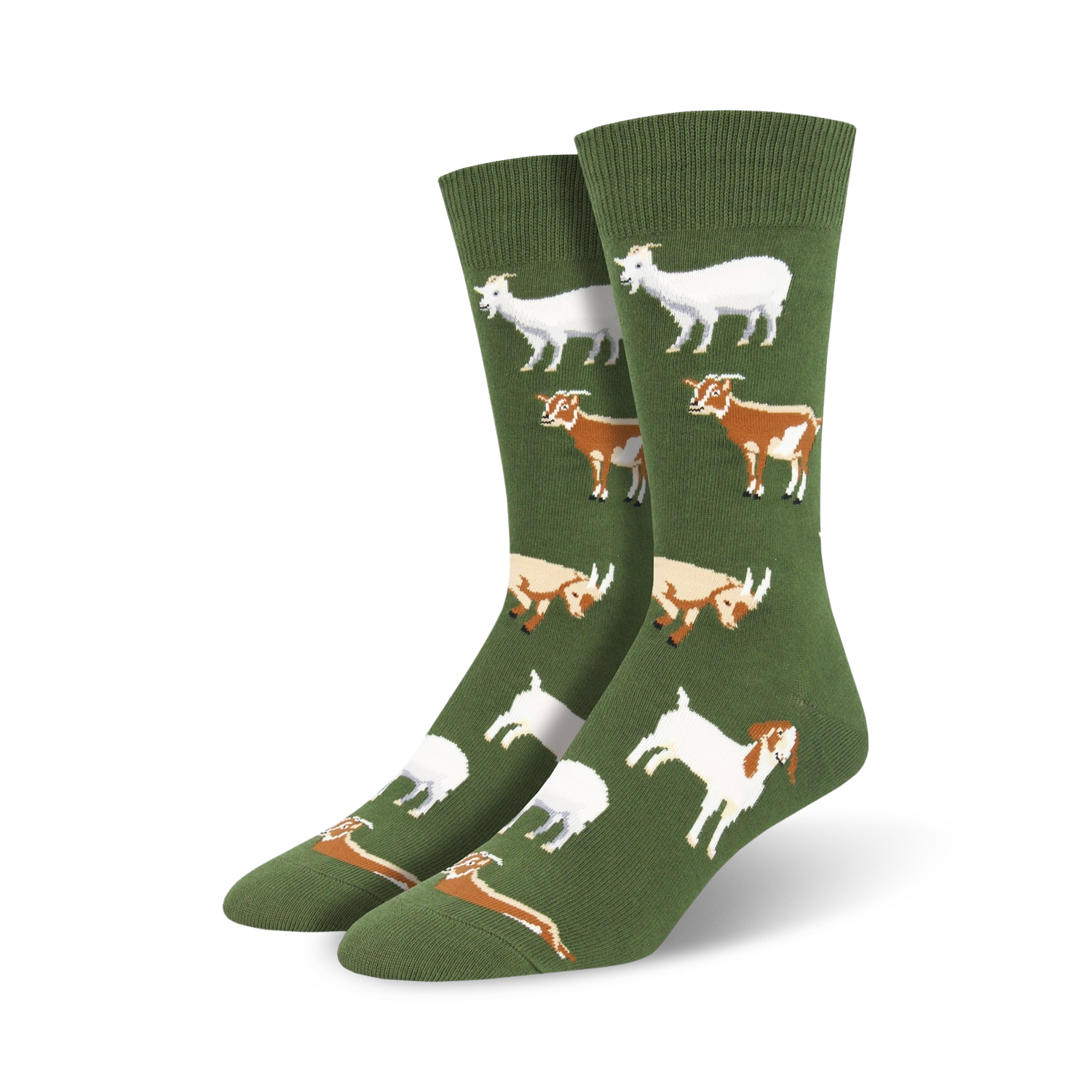 Lifestyle shot of Silly Billy socks on a person's feet. The socks are green with goats on them.