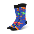 A pair of blue crew socks with a fun pattern of colorful dinosaurs skateboarding.  The socks have black cuffs and a 90s-inspired design.