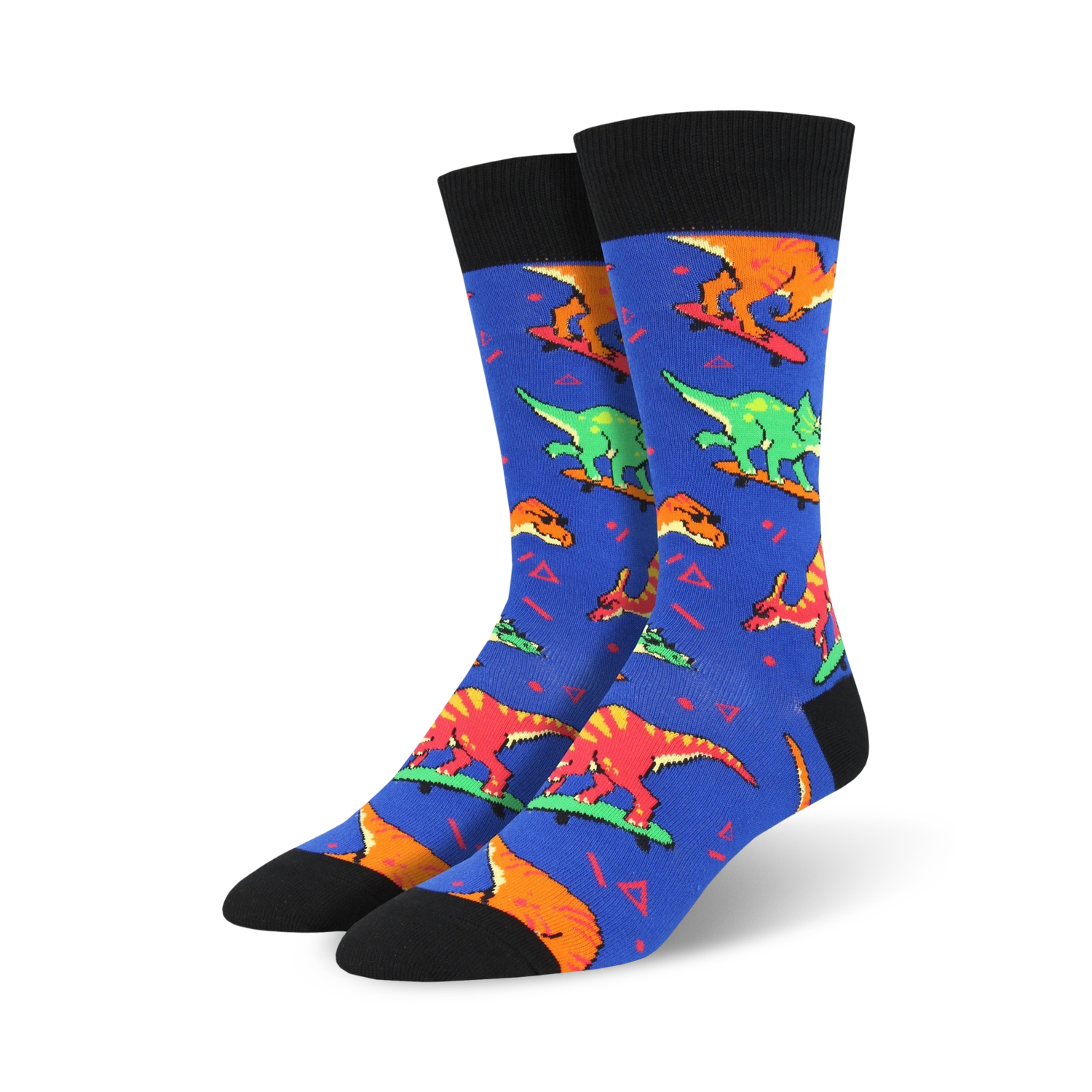 A pair of blue crew socks with a fun pattern of colorful dinosaurs skateboarding.  The socks have black cuffs and a 90s-inspired design.