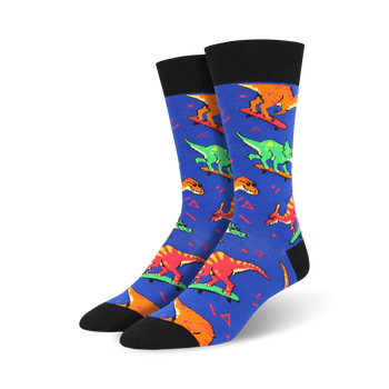 blue crew socks featuring multi-colored dinosaurs skateboarding.   