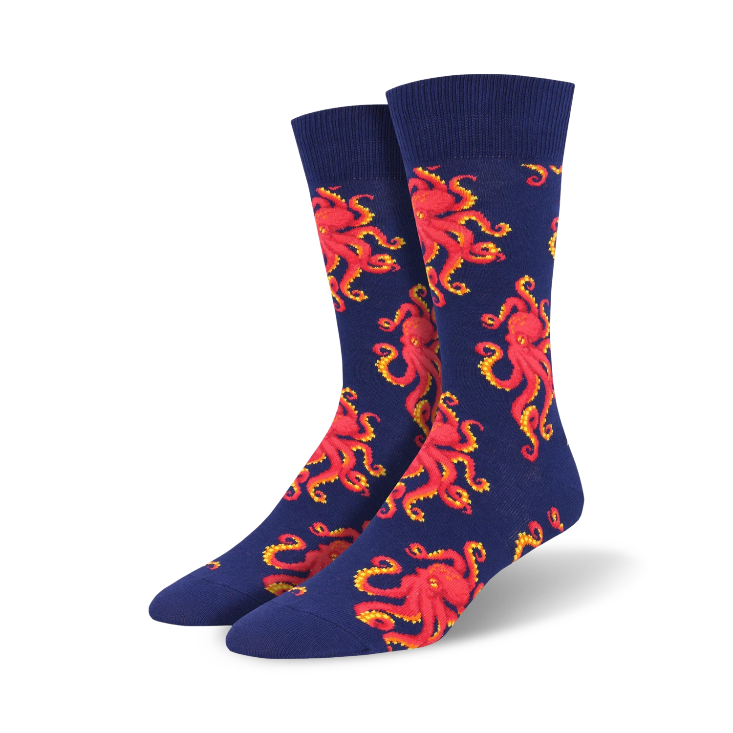 Pair of crew socks with a navy blue background and repeating red octopus designs. Fun and playful!