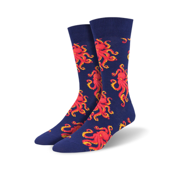 socktopus socks: mens blue crew socks featuring a vibrant pattern of red octopuses.  