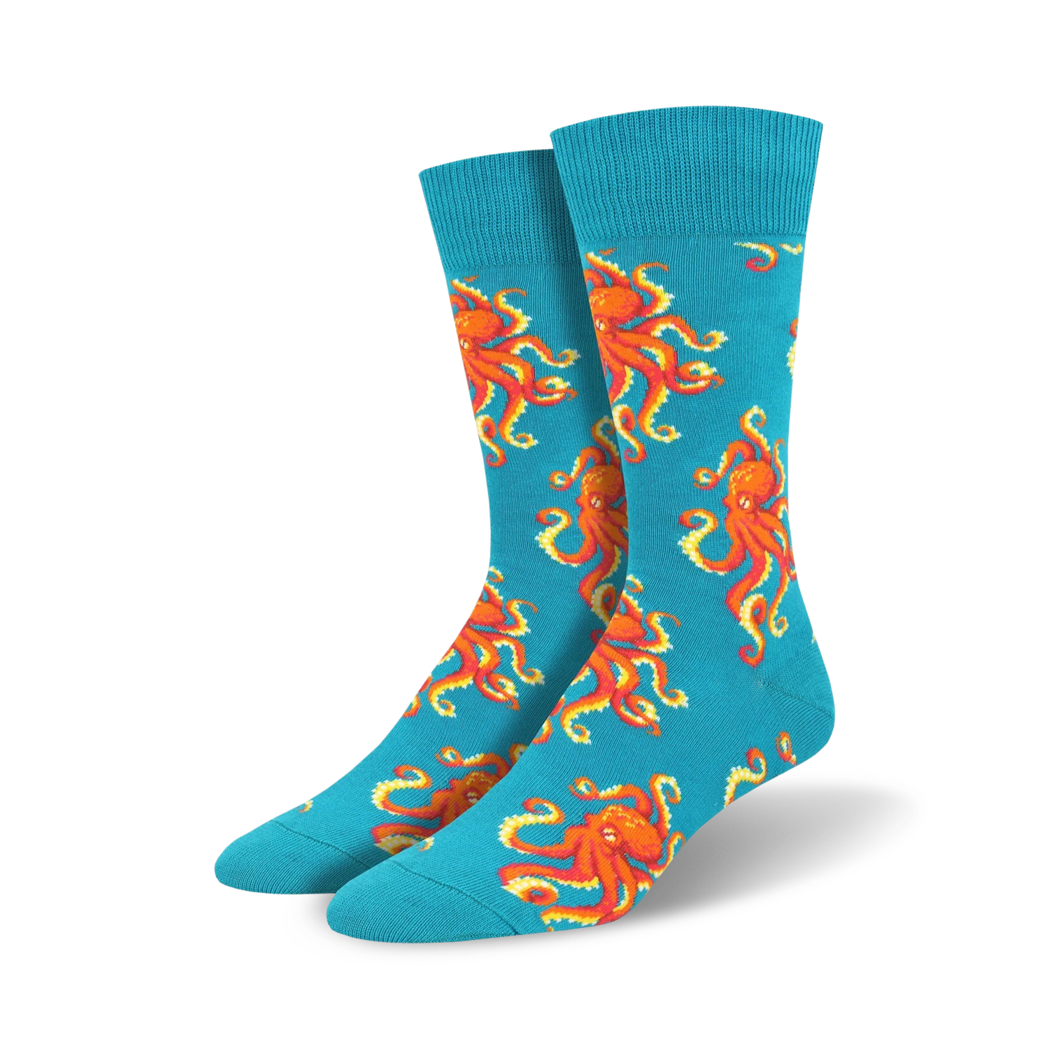 Lifestyle shot: Model wearing navy blue Socktopus socks with dark-colored shoes. The socks are visible above the shoes.