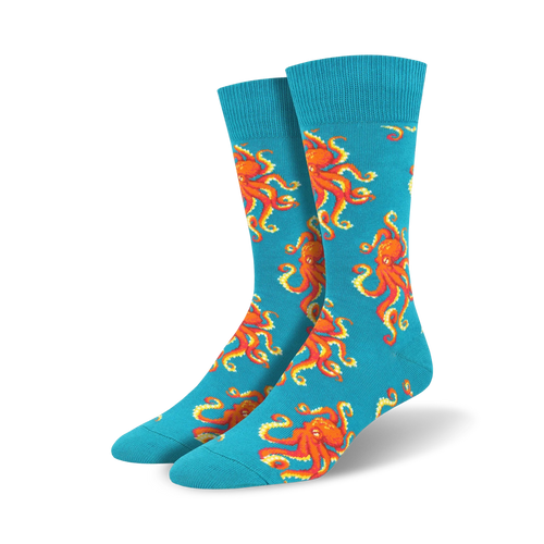 Lifestyle shot: Model wearing navy blue Socktopus socks with dark-colored shoes. The socks are visible above the shoes.