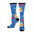 Pair of blue crew socks with burgers, bacon, and Care Bear-like characters.  Fun, colorful design. 