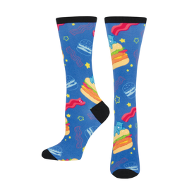 blue women's crew socks with a fun pattern of hamburgers, bacon, care bears, and stars.  