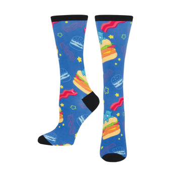 blue women's crew socks with a fun pattern of hamburgers, bacon, care bears, and stars.  