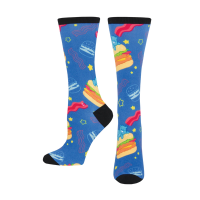 blue women's crew socks with a fun pattern of hamburgers, bacon, care bears, and stars.  