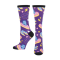 A pair of purple crew socks with Grumpy Bear from Care Bears riding pastel donuts.  Lightning bolts and hearts complete the fun design.