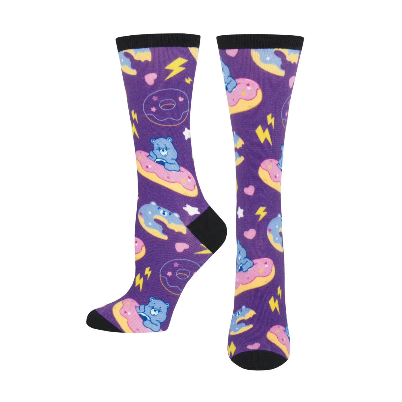 A pair of purple crew socks with Grumpy Bear from Care Bears riding pastel donuts.  Lightning bolts and hearts complete the fun design.