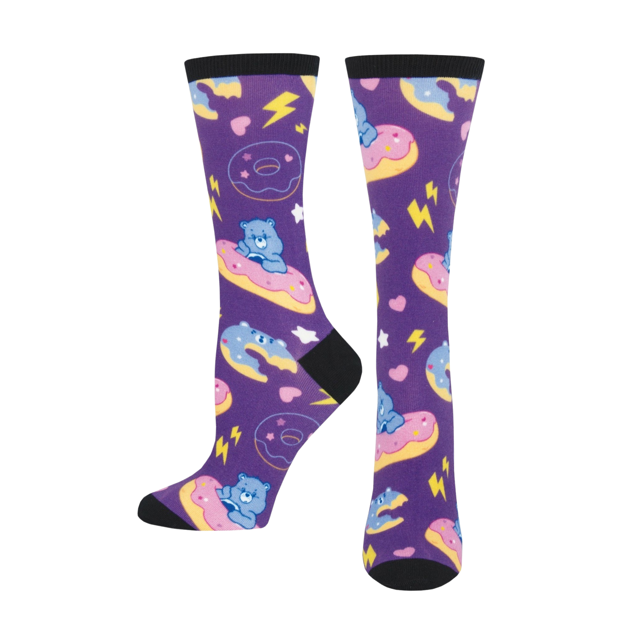 A pair of purple crew socks with Grumpy Bear from Care Bears riding pastel donuts.  Lightning bolts and hearts complete the fun design.