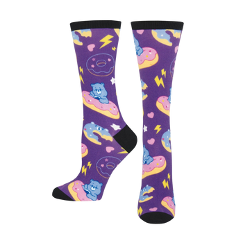 purple crew socks with care bears, donuts, lightning bolts, and hearts.   