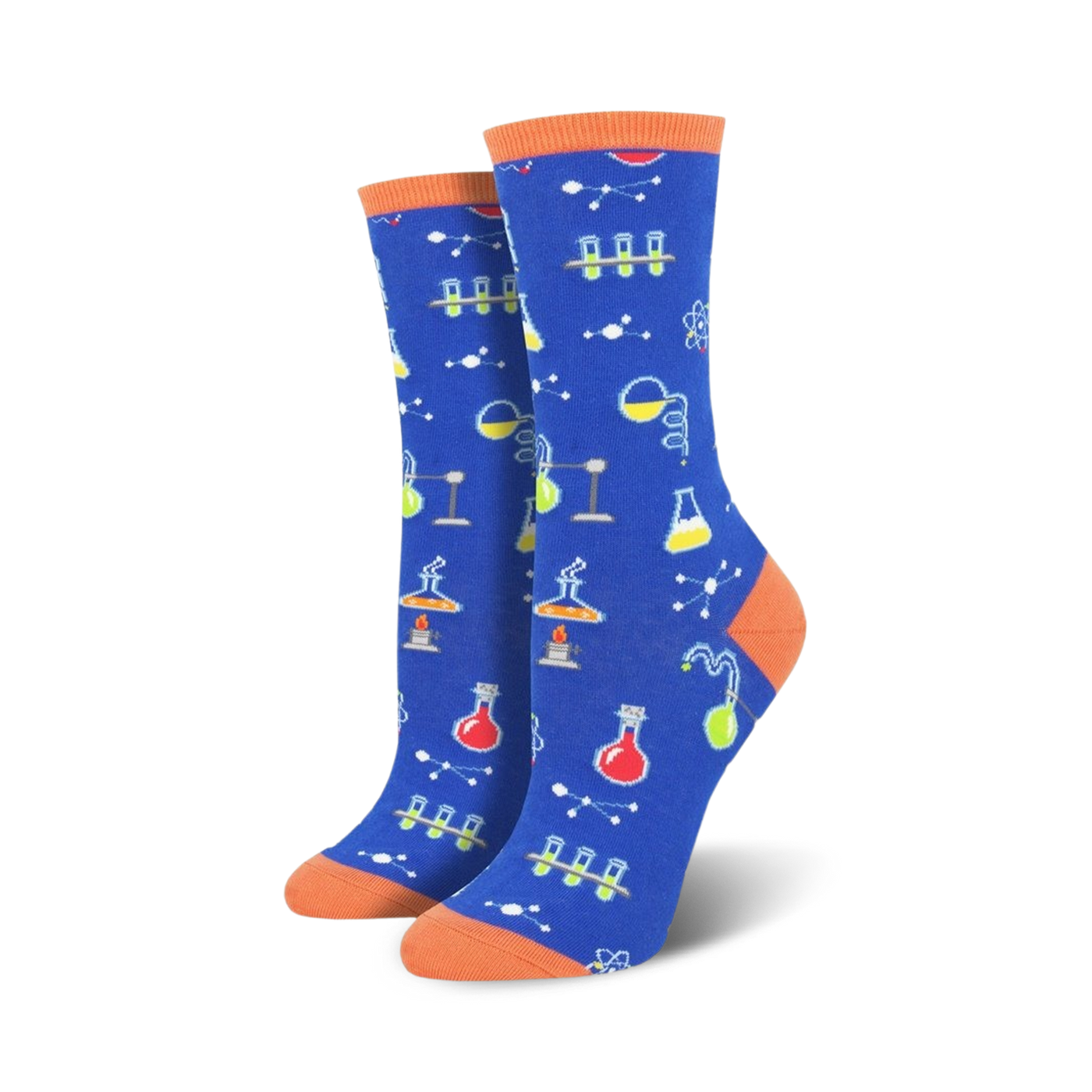 A pair of women's crew socks in royal blue with colorful science illustrations: beakers, test tubes, and atoms. The socks have a burnt orange cuff.