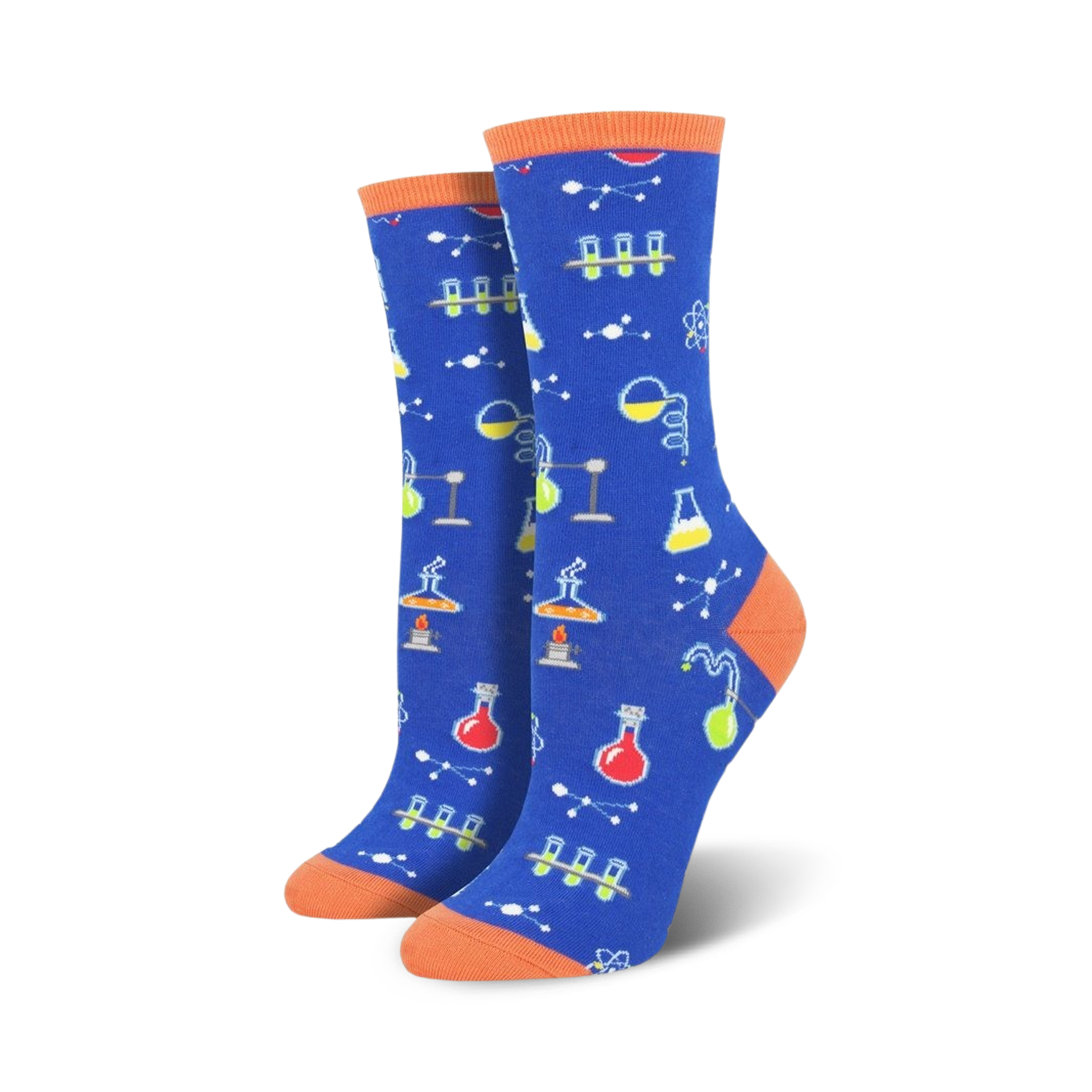 A pair of women's crew socks in royal blue with colorful science illustrations: beakers, test tubes, and atoms. The socks have a burnt orange cuff.
