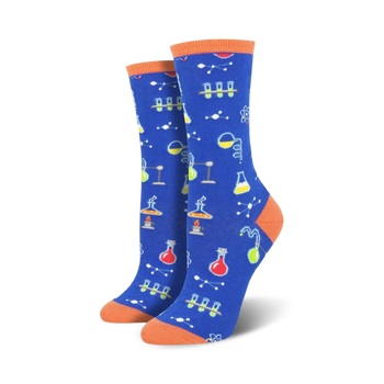  womens crew socks blue with orange test tubes, beakers, molecules, and flames.  