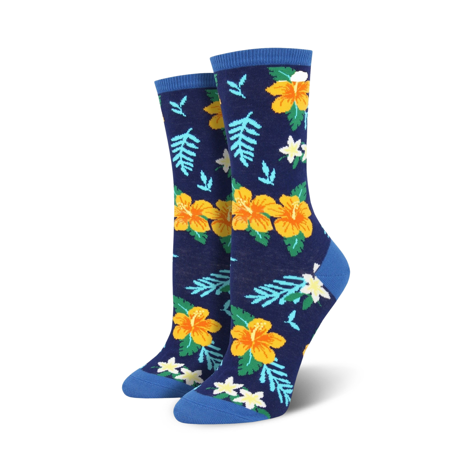 Pair of women's crew socks in navy blue, featuring yellow and orange hibiscus flowers and green leaves.  Blue cuffs.