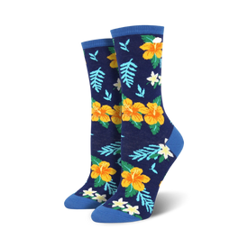 aloha floral floral themed womens blue novelty crew socks