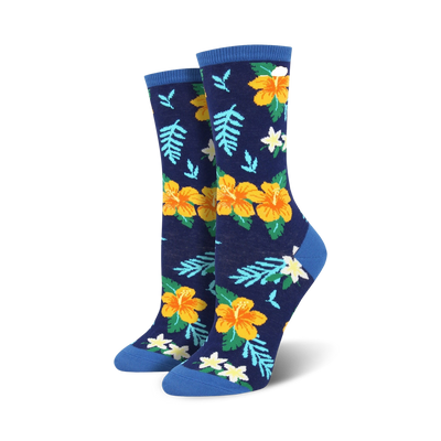 womens crew socks: hibiscus floral design in yellow, white, and green  