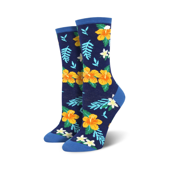 womens crew socks: hibiscus floral design in yellow, white, and green  