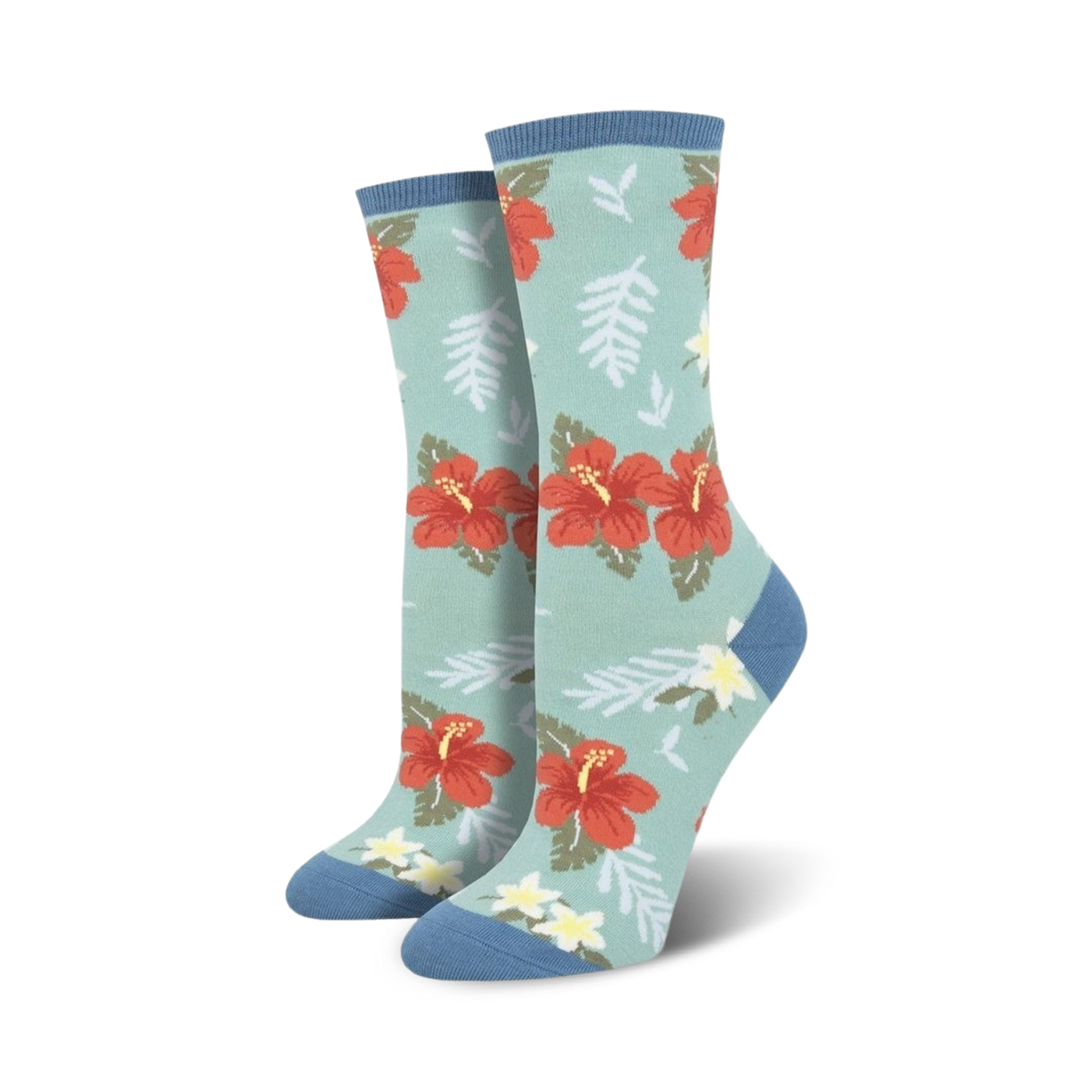 Close-up showing the detail of the red hibiscus flower and green leaf design on a teal crew sock.