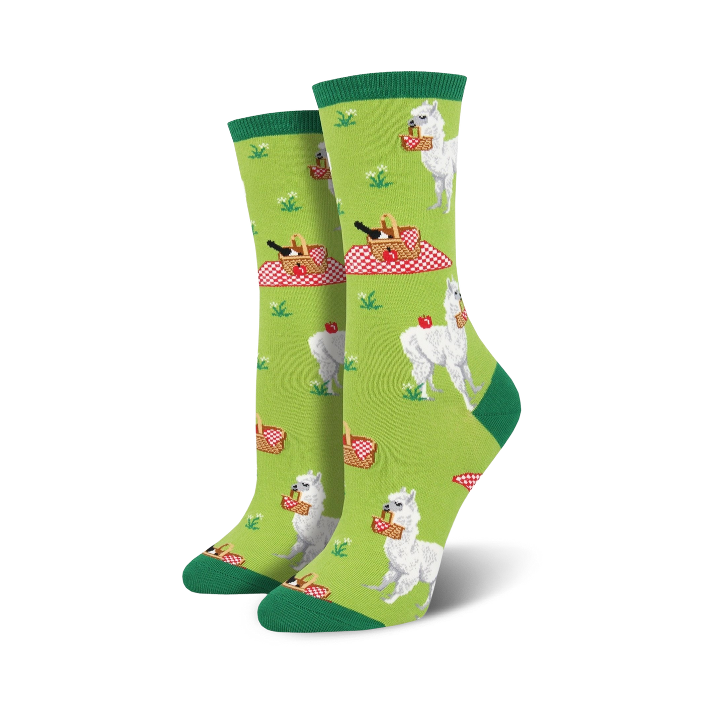 Lifestyle shot of a person's feet wearing the green Alpaca Lunch socks.