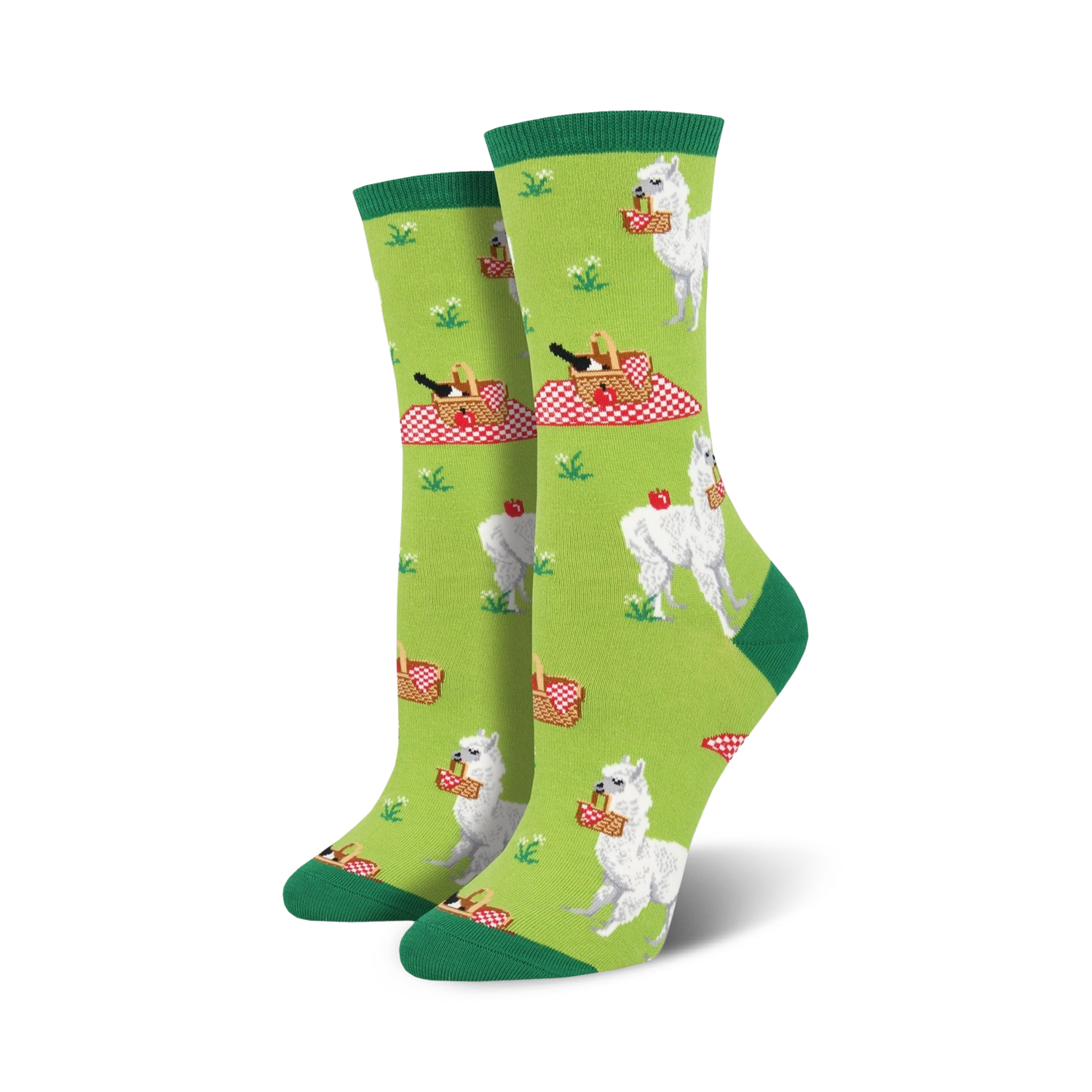 Lifestyle shot of a person's feet wearing the green Alpaca Lunch socks.