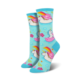light blue crew socks for women with care bears and unicorns swimming on innertube floats, and rainbows.  