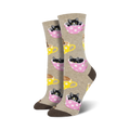 Crew socks in beige, pink & teal featuring black & brown kittens inside polka-dotted teacups.