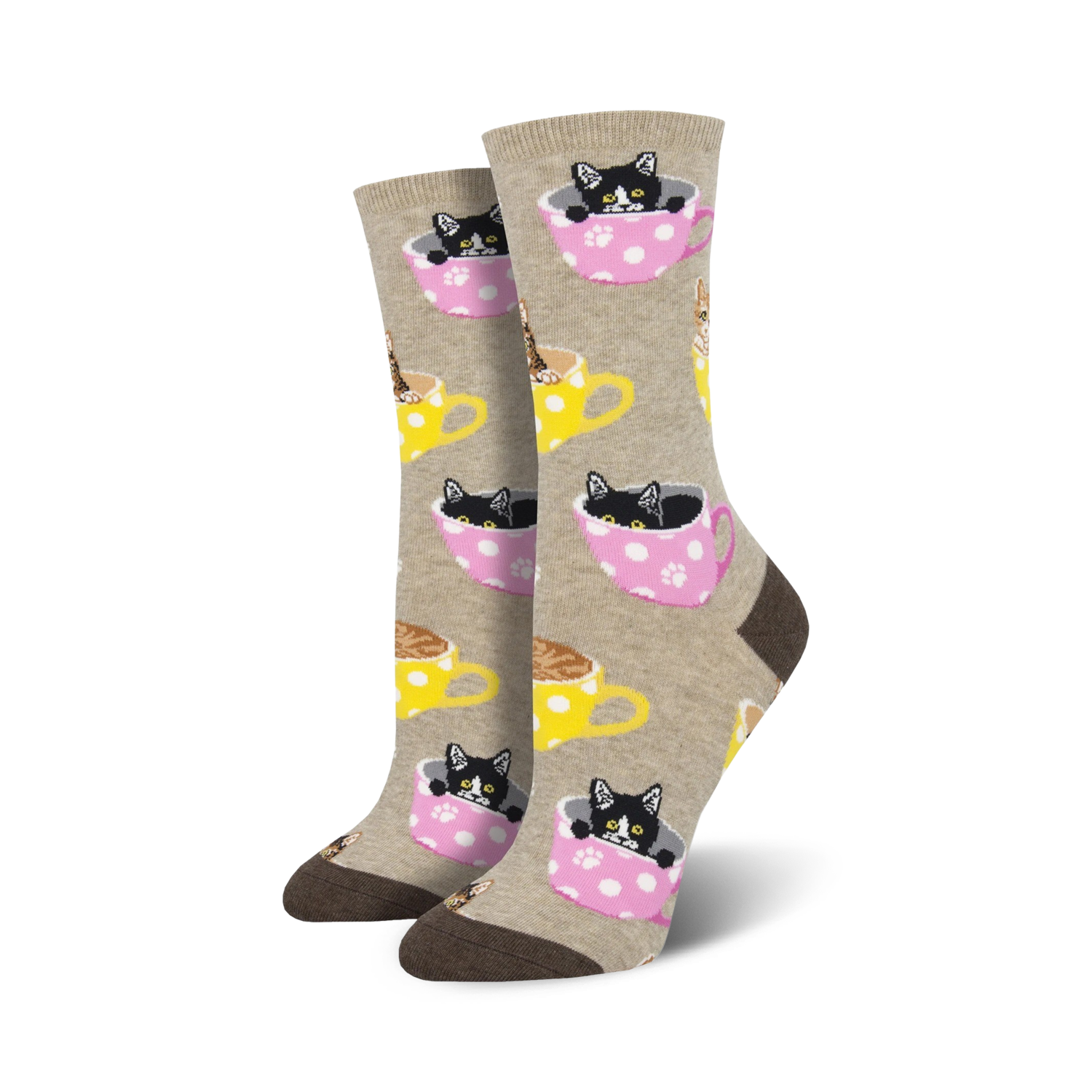 Crew socks in beige, pink & teal featuring black & brown kittens inside polka-dotted teacups.