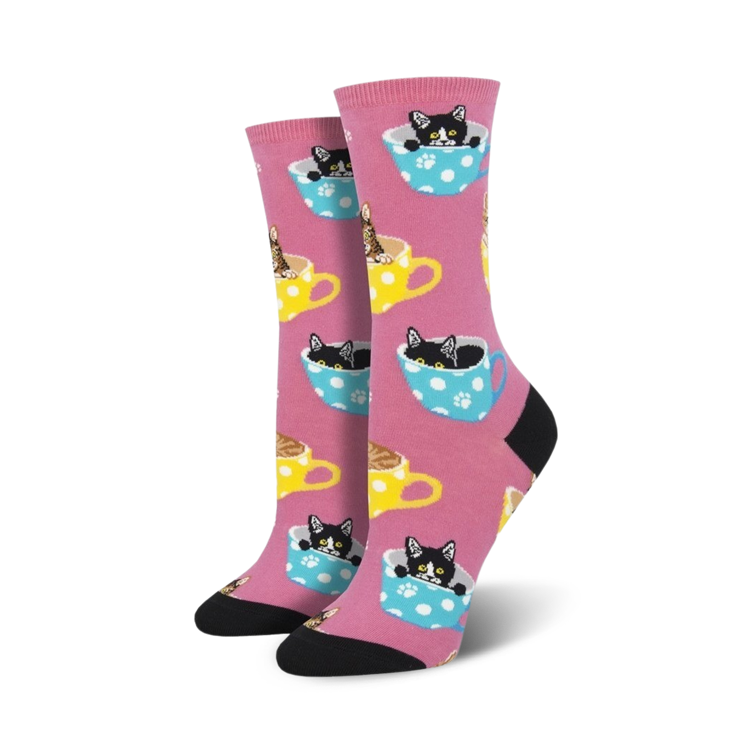 Lifestyle product shot of Cat-Feinated socks in pink.