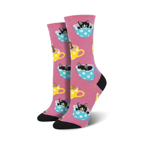Lifestyle product shot of Cat-Feinated socks in pink.