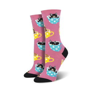 crew socks in pink with cartoon cats sitting in polka dot teacups.   