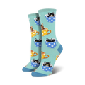 Lifestyle product shot of Cat-Feinated socks in teal.