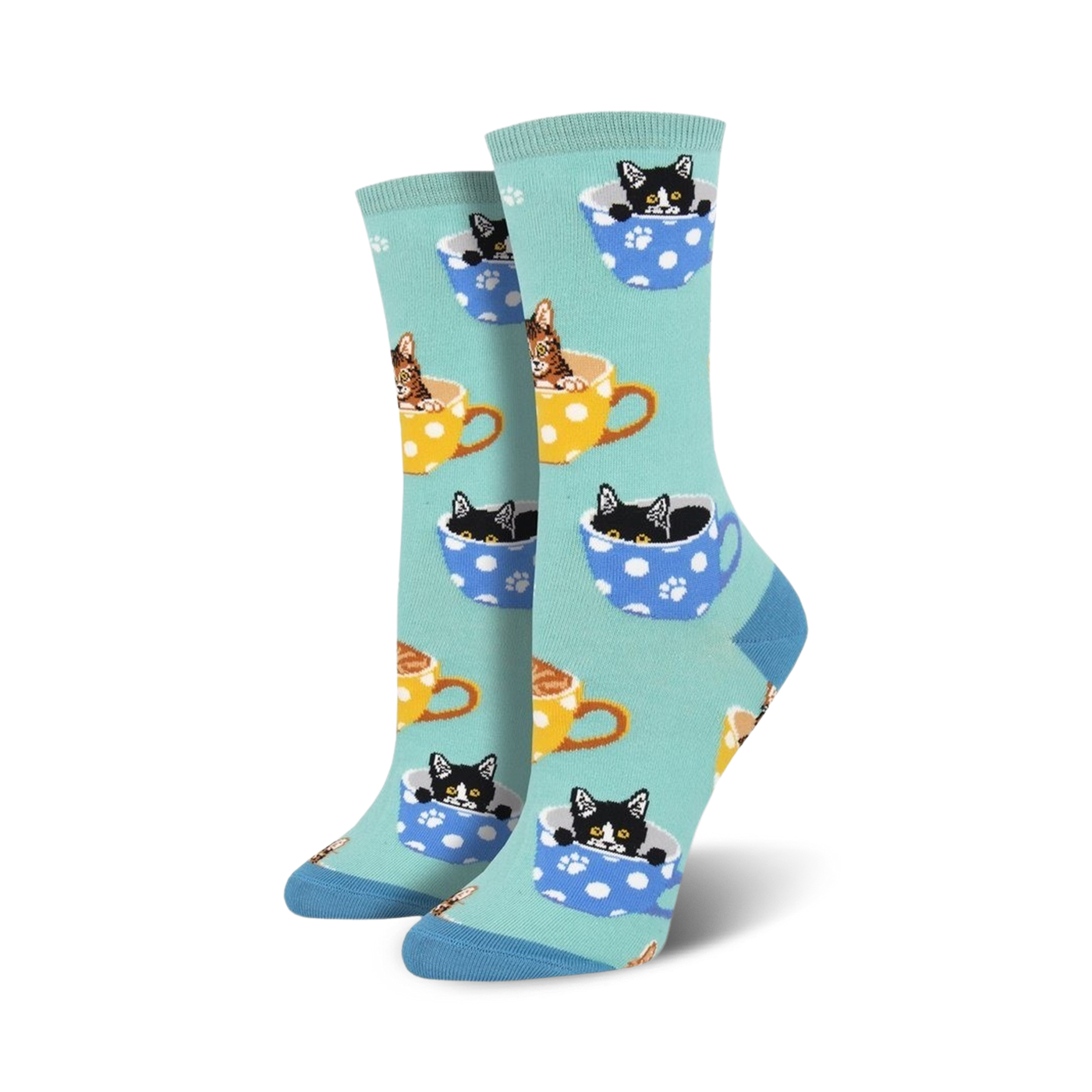 Lifestyle product shot of Cat-Feinated socks in teal.