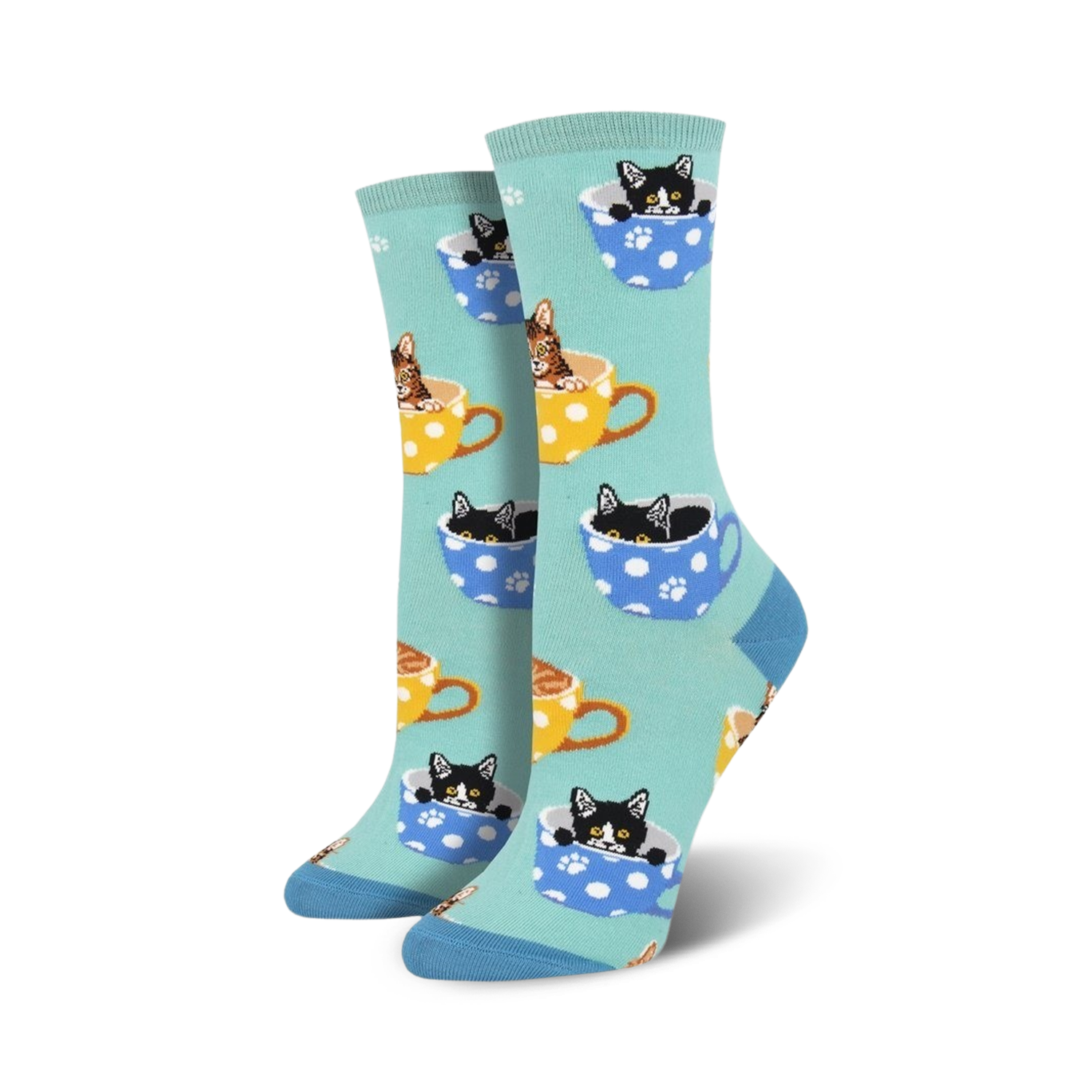 Lifestyle product shot of Cat-Feinated socks in teal.
