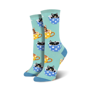 light blue crew socks with cartoon cats in teacups. women's. fun, perfect for coffee lovers.   