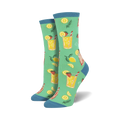 A pair of women's crew socks in teal, adorned with a cheerful pattern of lemonade glasses, lemons, and strawberries.