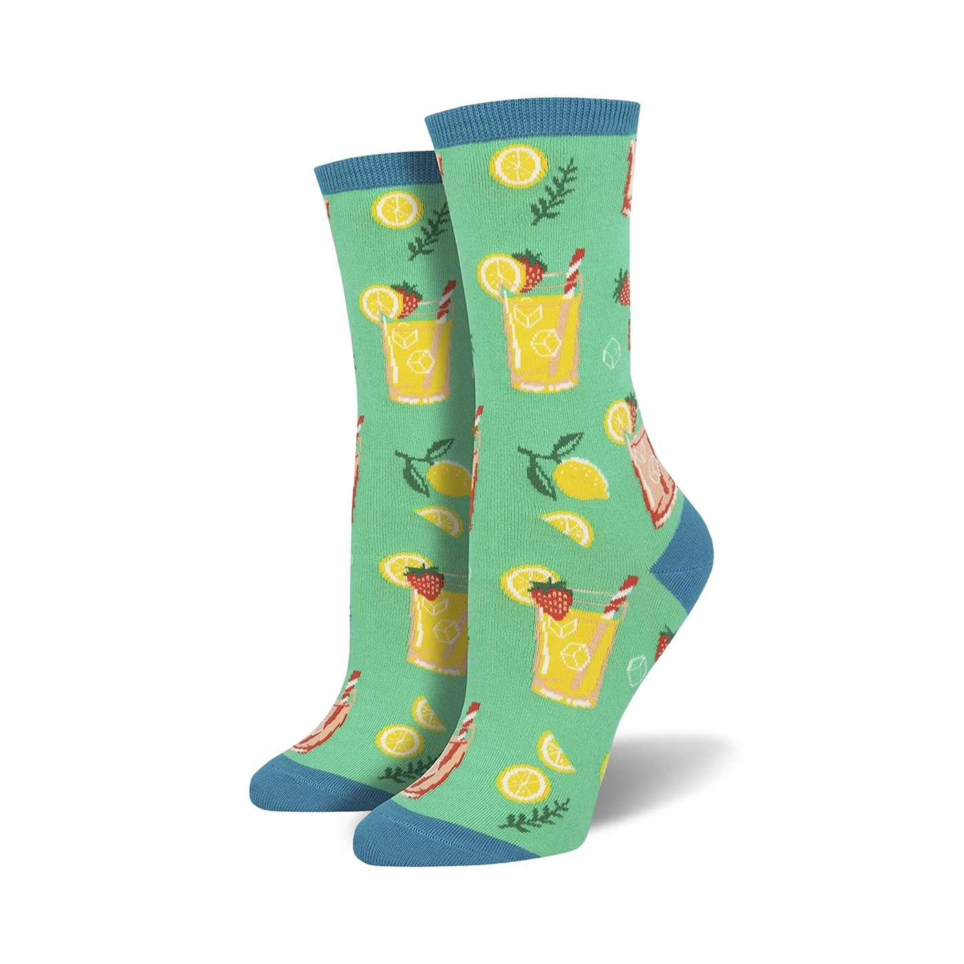 A pair of women's crew socks in teal, adorned with a cheerful pattern of lemonade glasses, lemons, and strawberries.