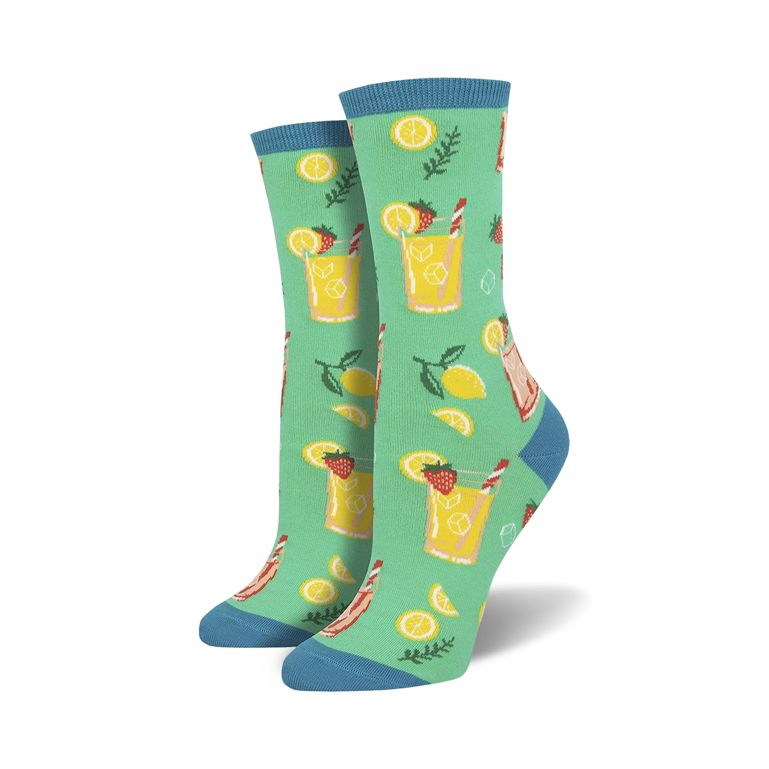 A pair of women's crew socks in teal, adorned with a cheerful pattern of lemonade glasses, lemons, and strawberries.