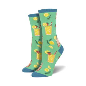 lime green crew socks with lemons, strawberries, leaves, a glass and straw. perfect for women who love food and summertime!  